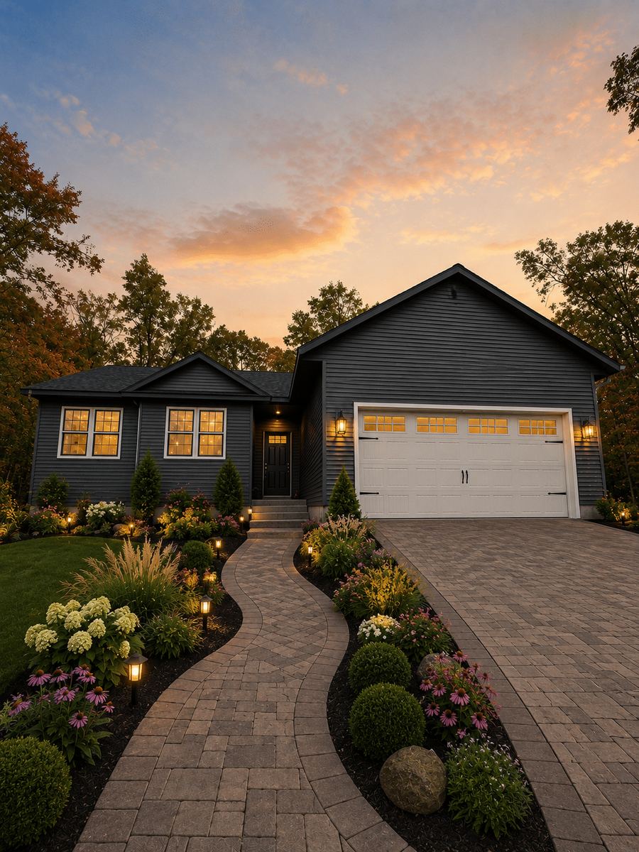 Irena home front exterior rendering at dusk with landscaped paver walkway and two-car garage